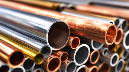 A detailed view of intertwined copper and steel tubes, showing casing textured surfaces and precise...