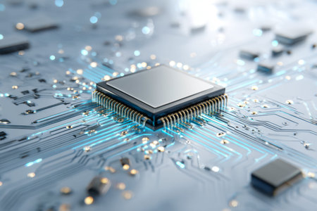 A sleek, high-tech microprocessor seamlessly embedded among intricate circuitry, embodied...