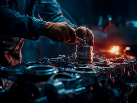 A focused technician works meticulously in a shadowy garage, piecing together intricate mechanical...