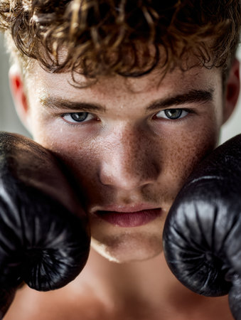 A fierce-eyed young athlete braces himself, muscles tense and fists clenched, embodying focus, determination, and raw strength in a dramatic close-up.のeditorial素材