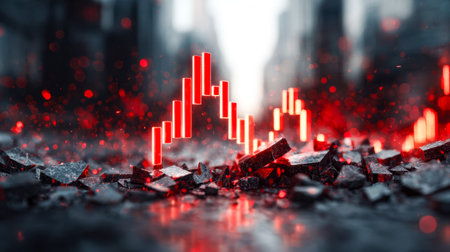 A vibrant candlestick graph illuminated with neon hues rests on a rugged stone surface, blending...