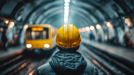 A vigilant technician in a bright safety helmet monitors an approaching subway, highlighting urban transit safety and underground infrastructure.のeditorial素材