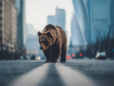 A solitary bear strides through a bustling cityscape, blending wild instinct with urban energy amid...