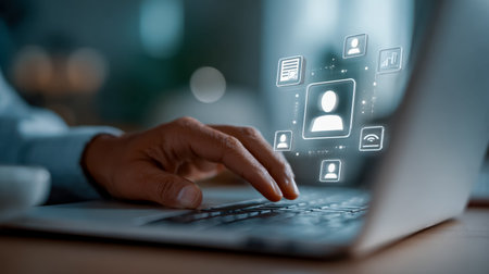 A person interacts with a laptop amid glowing social media and messaging symbols, highlighting...