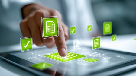 A sleek, advanced tablet displays a dynamic workflow for signing and approving files, highlighting...