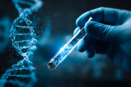 A researcher carefully examines a test tube filled with luminous particles, set against a vibrant...