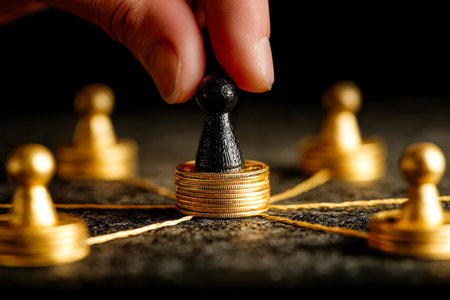A confident executive analyzes financial charts and strategic plans amid a backdrop of illuminated...