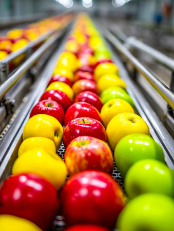 Vibrant, multicolored apples glide along a sleek conveyor, showing nature's palette in a bustling food processing plant.の写真素材