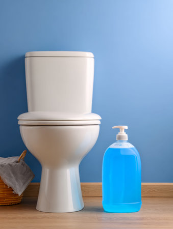 Sleek bathroom countertop showcasing neatly arranged soap dispensers, towels, and grooming tools,...