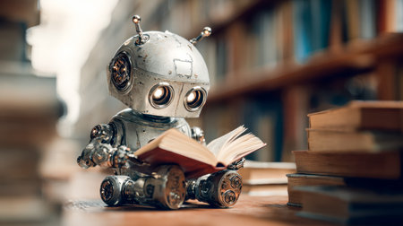 A charming mechanical figure engrossed in amid literature towering shelves, evoking a vintage-futuristic mood in a cozy, labyrinthine library.の写真素材
