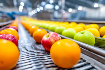 Vibrant fruits glide along a busy processing line, showing a spectrum of reds, oranges, and yellows in a modern agricultural setting.の写真素材