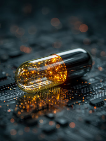 A sleek, high-tech device featuring a smooth, glowing core seamlessly embedded with intricate circuitry, evoking a vision of advanced digital innovation and futuristic design.の写真素材