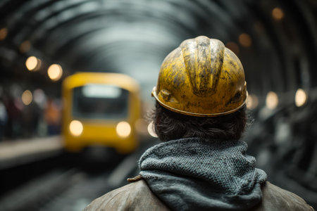 A laborer gears up at a construction site as a sleek train approaches, blending industrial effort...
