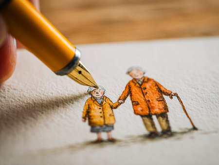 A delicate ink and watercolor sketch captures a tender scene of senior lovers clasping hands, set...