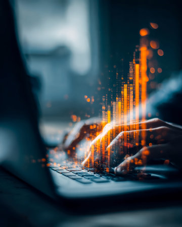 A focused individual working on a laptop amid an ambient dark setting, with vibrant digital visuals...