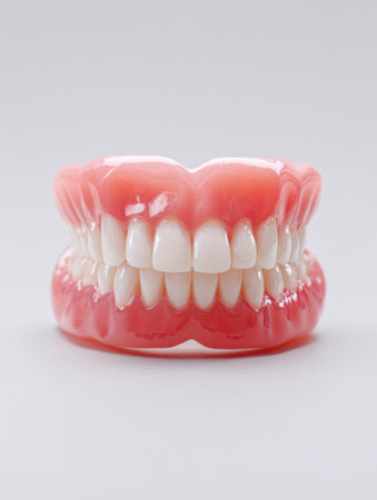 A complete set of prosthetic teeth with lifelike pink gums and bright white smile displayed on a neutral background, ideal for dental health and restoration representatioの写真素材