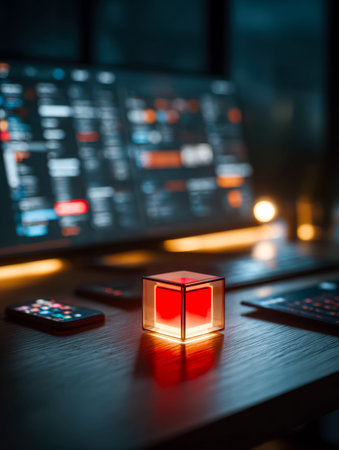 A sleek, futuristic office bathed in low light, featuring glowing red geometric accents amid vibrant...