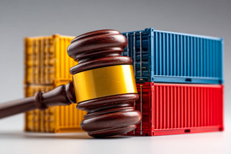 A polished wooden gavel rests against a vibrant backdrop of stacked cargo containers, representing...