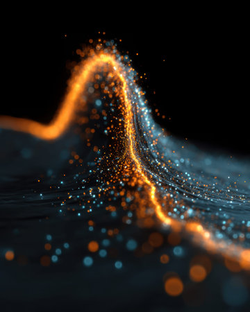 A luminous digital flow of vibrant particles undulates across a dark backdrop, evoking advanced...