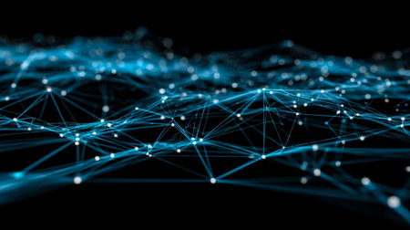 Vibrant neon-lit web of interconnected nodes illuminates a sleek digital landscape, showing...
