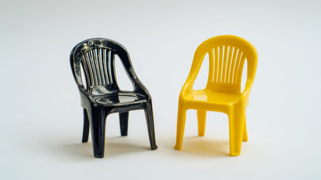 Bold seating arrangement featuring sleek black and vibrant yellow chairs set against an unadorned...