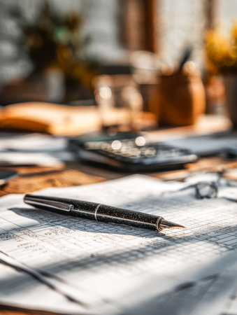 A sleek black ink pen lies atop aged financial papers, nestled in a warm, inviting workspace that exudes productivity and quiet sophistication.の写真素材