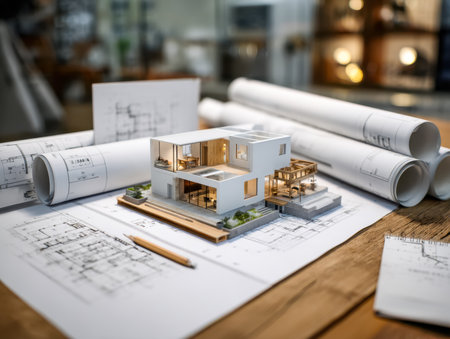 An intricate scale model of a sleek, modern residence rests alongside detailed blueprints and rolled drawings, highlighting innovative design ideas on a warm wooden workspace.の写真素材