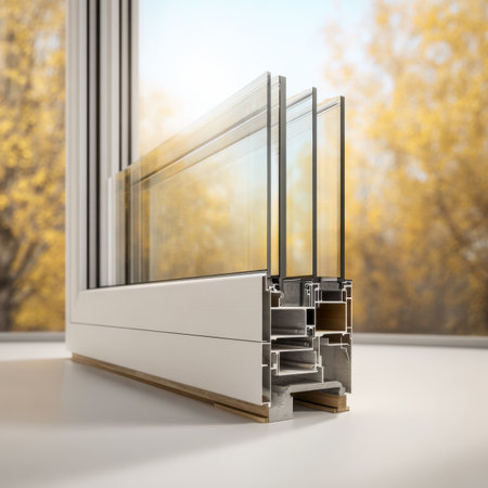 A detailed cutaway reveals a sleek, eco-friendly window design featuring layered glass panes within a sturdy aluminum structure, emphasizing insulatioの写真素材