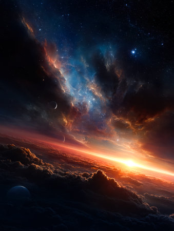 A breathtaking celestial panorama featuring lushly colored nebulae, several moons, and distant...