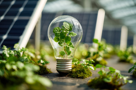 A vibrant greenhouse illuminated by sunlight, featuring a glass enclosure with lush greenery and a...