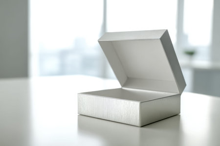 A sleek silver box gently opened to reveal its luxurious interior, set against a pristine white...