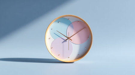 A sleek, contemporary clock soft features, overlapping pastel discs, set against a clean,...