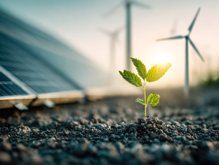 A fresh sprout emerges from rich earth, framed by wind turbines and solar panels glowing in the warm...