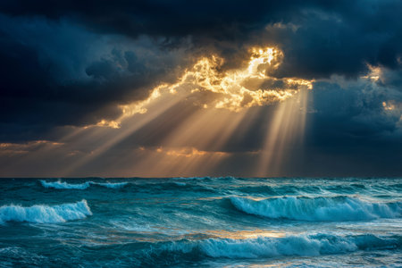 A striking scene unfolds as luminous rays break through ominous clouds, illuminating churning azure...