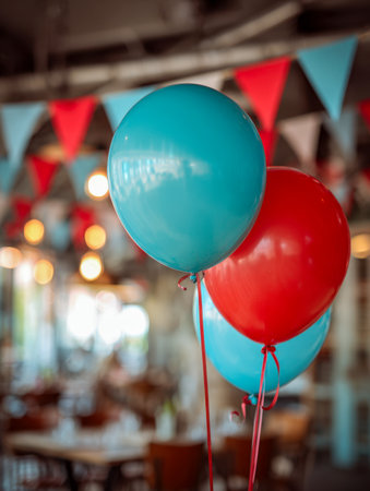 Brightly hued blue and red balloons drift indoors against a blurred backdrop of cheerful triangular banners, setting a lively and joyful festive atmosphere.の写真素材