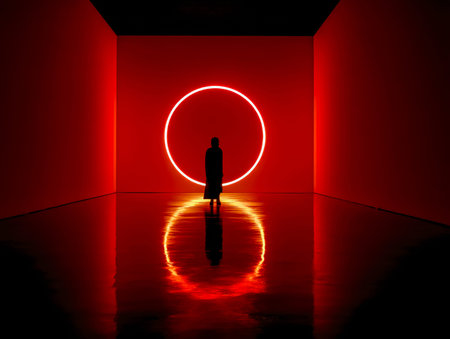 A lone individual stands before a radiant crimson orb, immersed in an otherworldly environment...