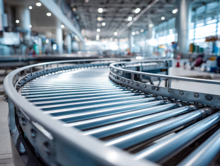 A sleek, automated luggage carousel hums softly amidst bustling travelers, highlighting contemporary...