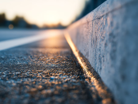 The setting sun casts a warm glow over the glistening pavement and street edge, creating a serene...