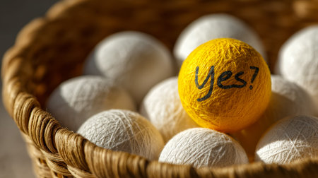 A cheerful yellow sphere bearing the word yes? is nestled among pristine white spheres, all arranged...