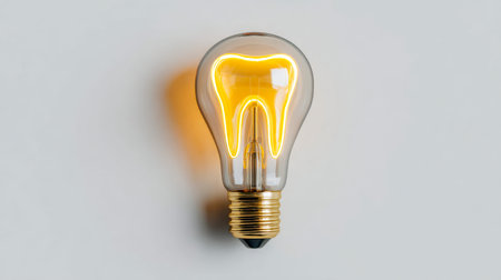 A glowing light bulb with a tooth-shaped filament symbolizes innovative dental solutions, set...