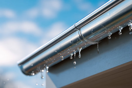 Clear streams of rainwater flow through sleek, contemporary gutters, set against a vibrant blue sky,...