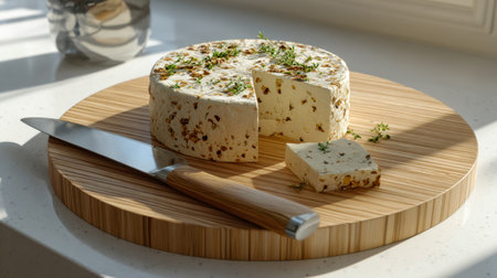 A rustic cheese presentation featuring a creamy nut-infused herb spread, elegantly sliced on a...