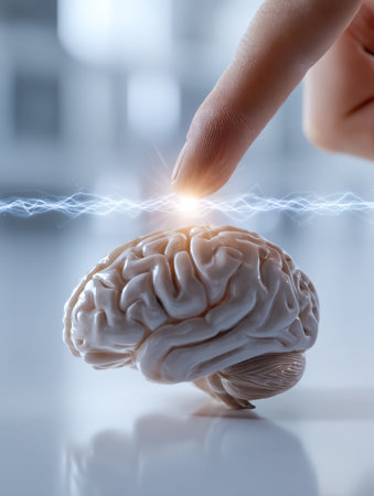 A neural network visualization showing glowing electric signals targeting the brain's intricate...