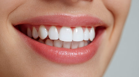 A close-up of a cheerful individual revealing gleaming, impeccably maintained teeth and vibrant,...