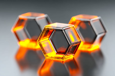 Sleek geometric glass fixtures illuminated with vibrant orange highlights, embodying cutting-edge...