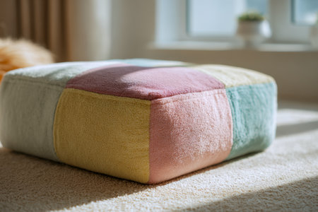 A plush, pastel-hued cushion adding warmth and charm to a softly illuminated living space, perfect for relaxing moments on a textured rug.の写真素材