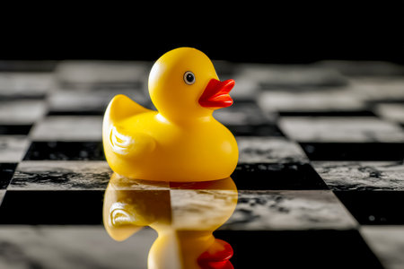 A bright yellow rubber duck sits atop a checkered game surface, its playful form mirrored in the glossy sheen beneath, creating a whimsical contrast between innocence and straの写真素材
