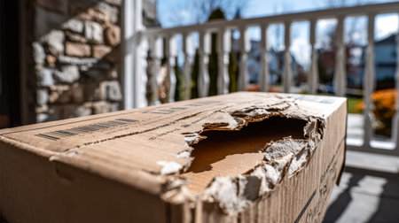 A worn-out, bulging cardboard container with jagged edges leans against a porch railing under...