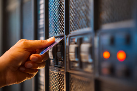 A perform technicians security verification by swiping a key card on a sleek access panel embedded...
