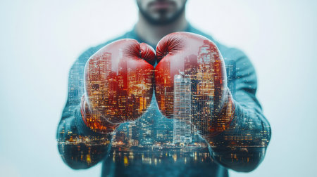 A confident male athlete wears vibrant boxing gloves, standing against a glass reflecting an urban skyline, embodying strength and modern ambition.のeditorial素材